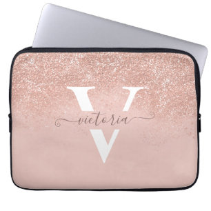 Personalised Blush Pink Glitter Modern Monogram Laptop Sleeve