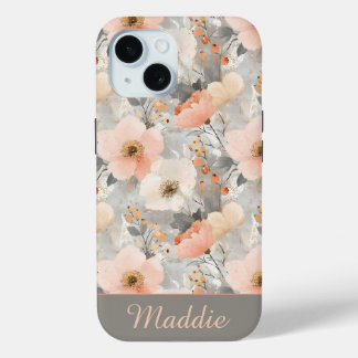 Personalised Blush Pink & Grey Watercolor Floral iPhone 15 Case