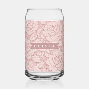 Personalised Blush Pink Lace Floral Romantic Can Glass