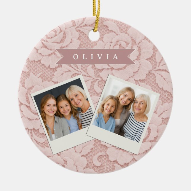 Personalised Blush Pink Lace Floral Romantic Ceramic Tree Decoration (Front)