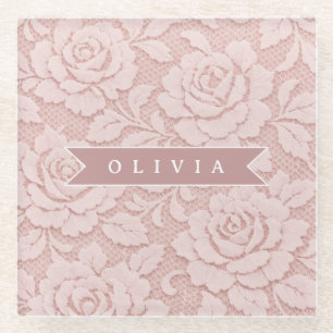 Personalised Blush Pink Lace Floral Romantic Glass Coaster