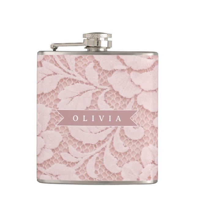 Personalised Blush Pink Lace Floral Romantic Hip Flask (Front)