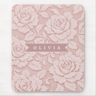 Personalised Blush Pink Lace Floral Romantic Mouse Pad