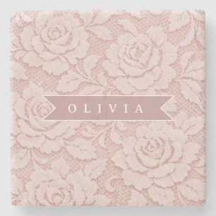 Personalised Blush Pink Lace Floral Romantic Stone Coaster