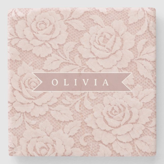 Personalised Blush Pink Lace Floral Romantic Stone Coaster (Front)