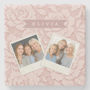 Personalised Blush Pink Lace Floral Romantic Stone Coaster