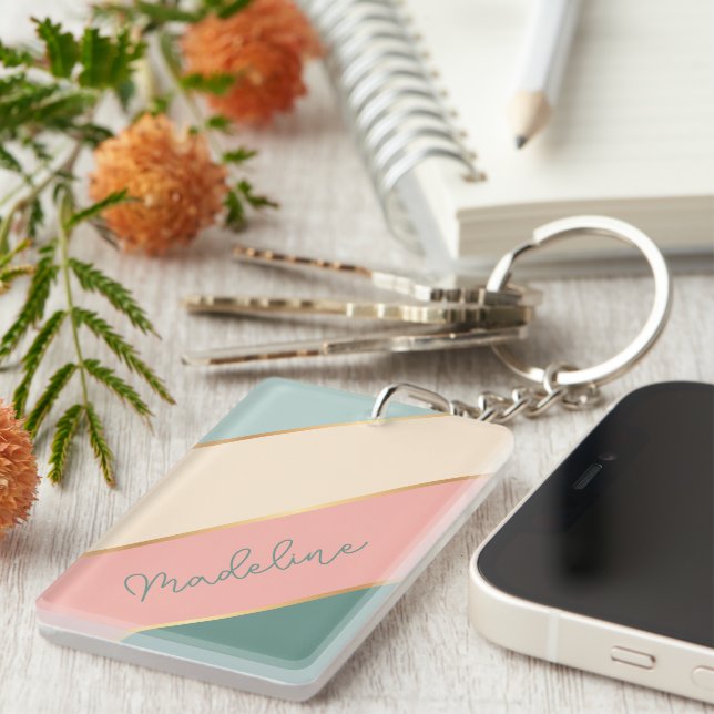 Personalised Blush Pink Mint Green Ivory Stripes Key Ring (Front Right)