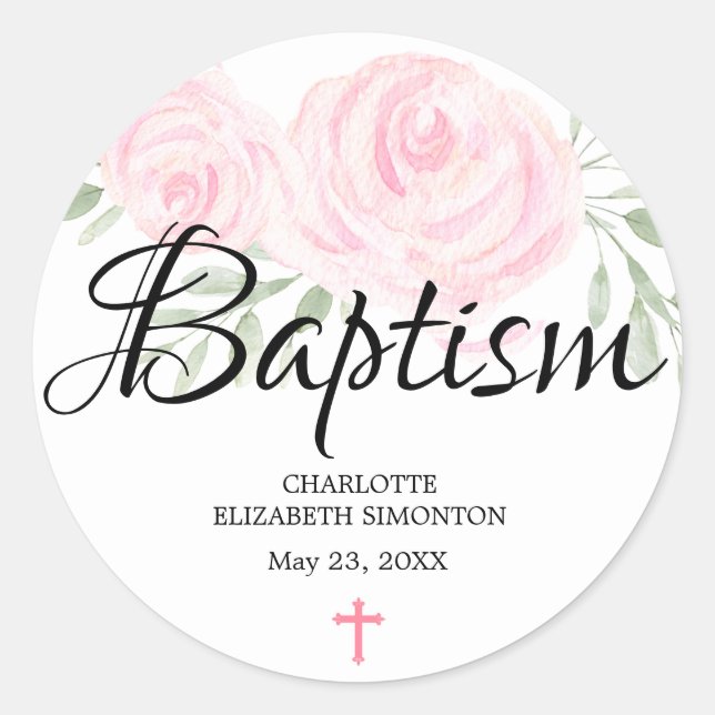Personalised Blush Pink Rose and Cross Baptism Classic Round Sticker (Front)