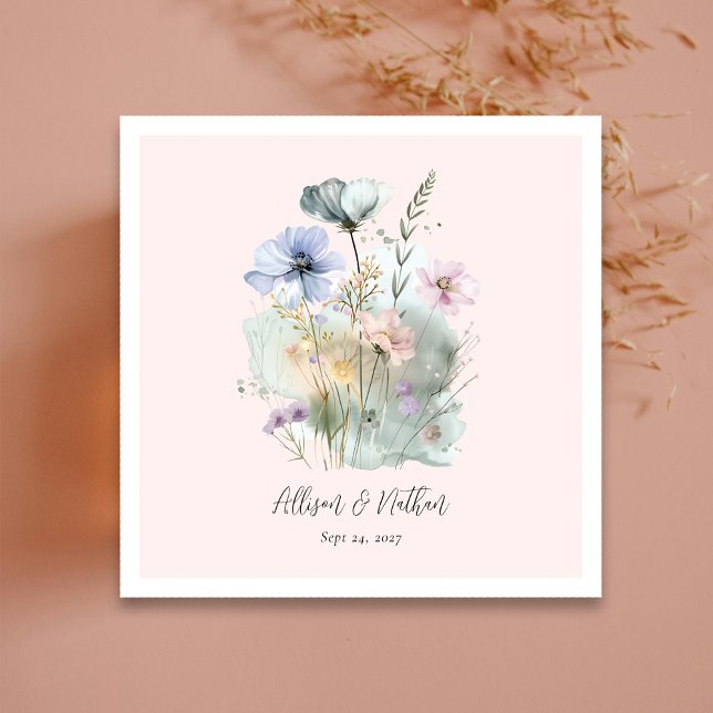 Personalised Blush Pink Watercolor Wedding Napkin (Elegant Wedding Napkins with Watercolor Wildflower Custom)