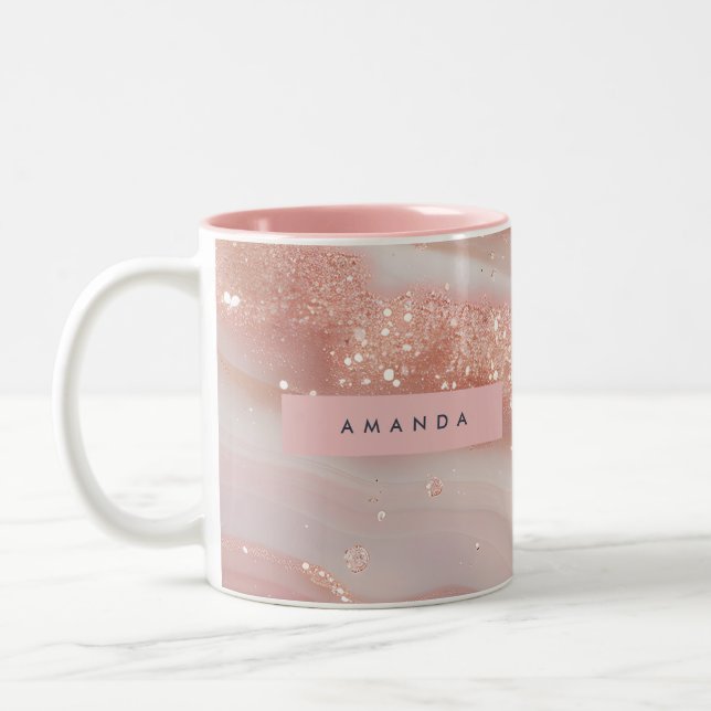 Personalised Blush Rose Gold Marble Sparkle Two-Tone Coffee Mug (Left)