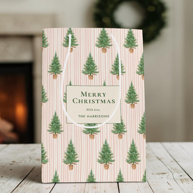 Personalised Blush Stripe Christmas Trees Holiday Medium Gift Bag (Personalized Blush Stripe Christmas Trees Holiday Medium Gift Bag)