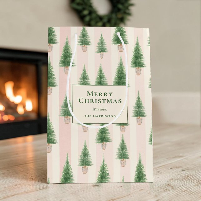 Personalised Blush Stripe Christmas Trees Holiday Medium Gift Bag (Personalized Blush Stripe Christmas Trees Holiday Medium Gift Bag)