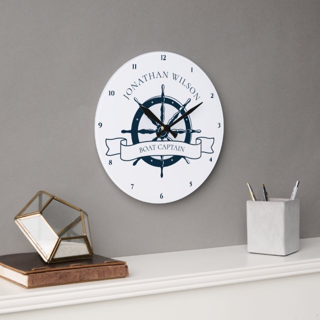 Personalised Boat Captain Vintage Nautical Wheel Large Clock (Office)