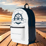 Personalised Boat Captain Vintage Nautical Wheel Printed Backpack<br><div class="desc">Chic custom boat captain backpack for an ocean liner company featuring a navy blue boat steering wheel. This vintage nautical themed design is perfect for a ship helmsman near the beach. Personalise with your name.</div>