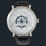 Personalised Boat Captain Vintage Nautical Wheel Watch<br><div class="desc">Chic custom boat captain watch for a beach cruise on the ocean featuring a navy blue boat steering wheel. This nautical themed wristwatch is perfect for a ship helmsman. Personalise with your last name or other text.</div>