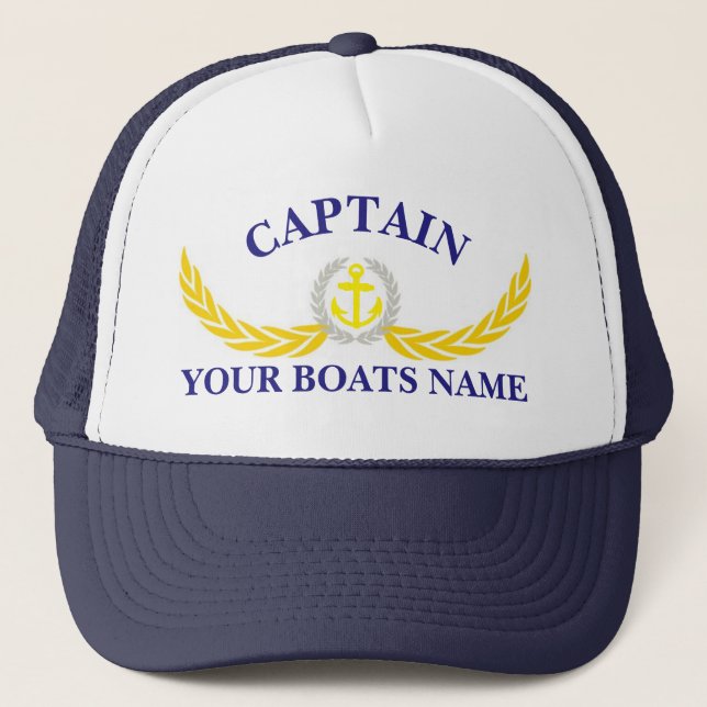 Personalised boat name anchor motif captains trucker hat (Front)