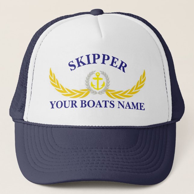 Personalised boat name anchor motif skipper trucker hat (Front)