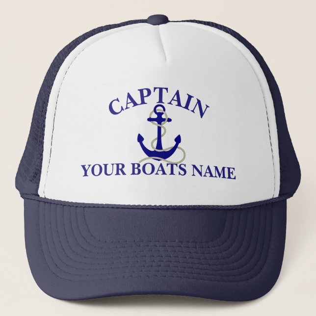 Personalised boat name nautical anchor captains trucker hat (Front)