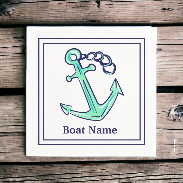Personalised Boat Name Navy Green Anchor Nautical  Napkin (Creator Uploaded)