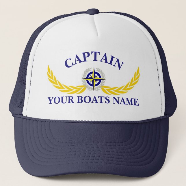 Personalised boat name ships compass captains trucker hat (Front)