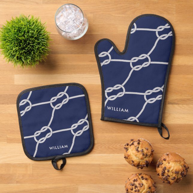 Personalised Boating Rope Nautical Navy Blue Oven Mitt & Pot Holder Set (Top Down)