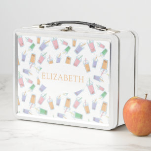 Personalised Boba Bubble Tea Cute Kids School Metal Lunch Box