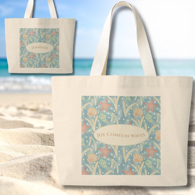 Personalised Boho Beach Tote Bag – Starfish Shells (Personalized Boho Beach "Joy Comes in Waves" Tote Bag – Starfish & Shells Coastal Design)