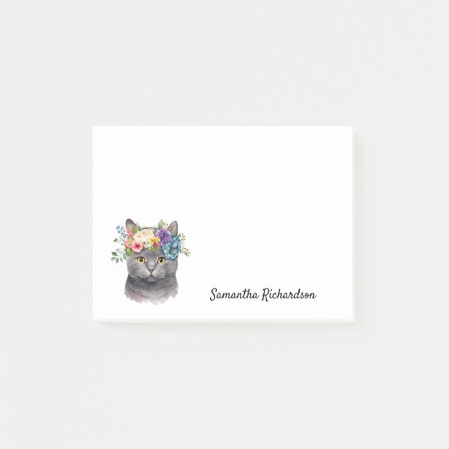 Personalised Boho Cat Floral Watercolor Post-it Notes (Front)