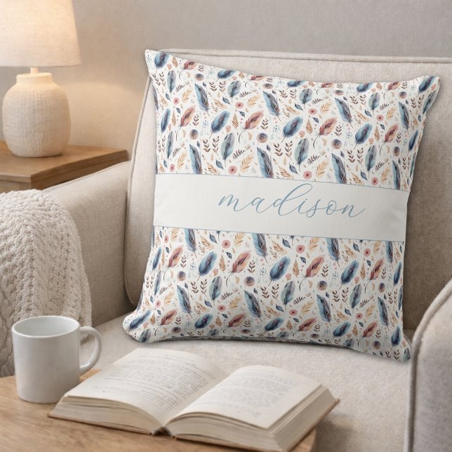Personalised Boho Feather Floral Cushion (Creator Uploaded)