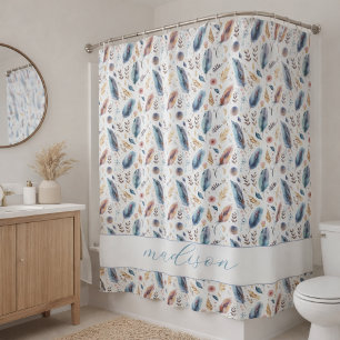 Personalised Boho Feather Floral Shower Curtain