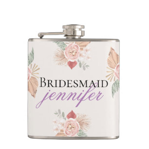 Personalised Boho Floral Heart Pink Beige Hip Flask