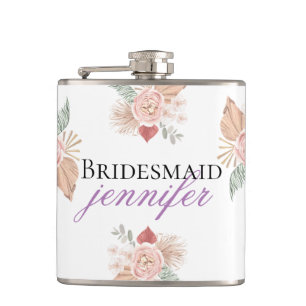 Personalised Boho Floral Heart White Hip Flask