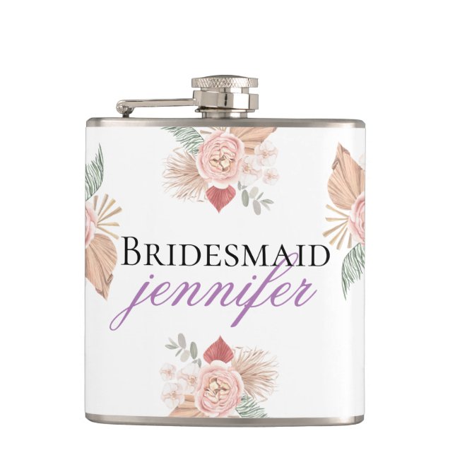 Personalised Boho Floral Heart White Hip Flask (Front)
