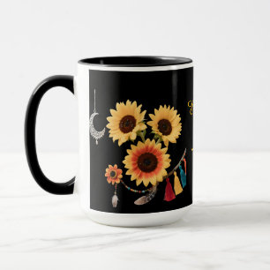 Personalised Boho Floral Sunflower Black Coffee Mug