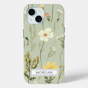 Personalised Boho Floral Wildflower Sage Green iPhone 15 Case