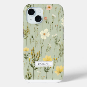 Personalised Boho Floral Wildflower Sage Green iPhone 15 Case
