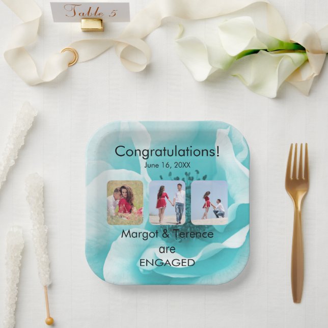 Personalised Boho Florals 3-Photo Engagement  Paper Plate (Wedding)