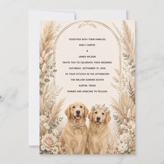 Personalised Boho Golden Retriever Wedding Invitat Invitation (Front)