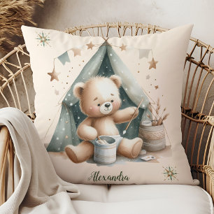 Personalised Boho Green Teddy Bear Cushion
