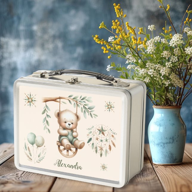 Personalised Boho Green Teddy Bear Metal Lunch Box (Creator Uploaded)