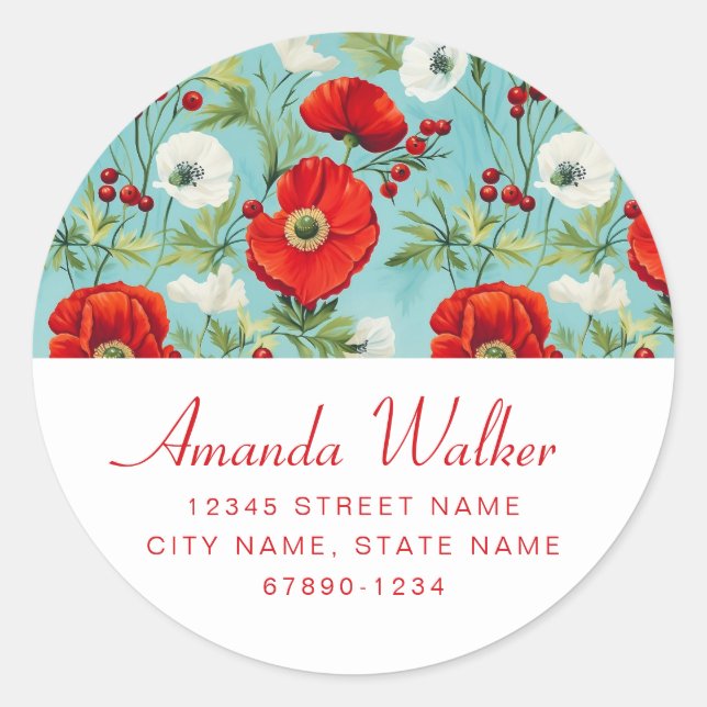 Personalised Boho Poppy Round Stickers (Front)