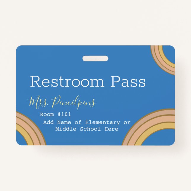 Personalised Boho Rainbow Hall Pass Blue ID Badge (Back)