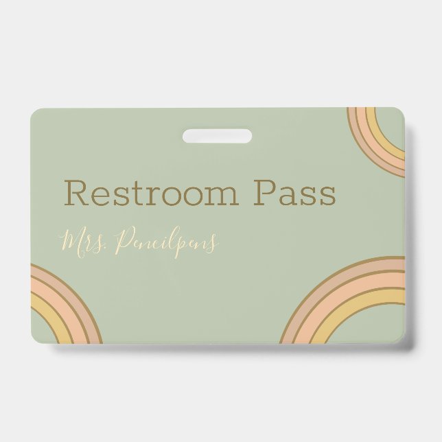 Personalised Boho Rainbow Hall Pass Green ID Badge (Front)