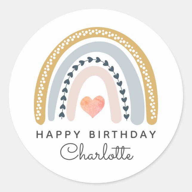 Personalised Boho Watercolor Rainbow Birthday Classic Round Sticker (Front)