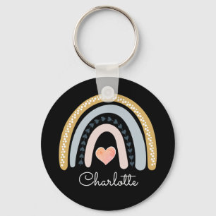 Personalised Boho Watercolor Rainbow Black Key Ring