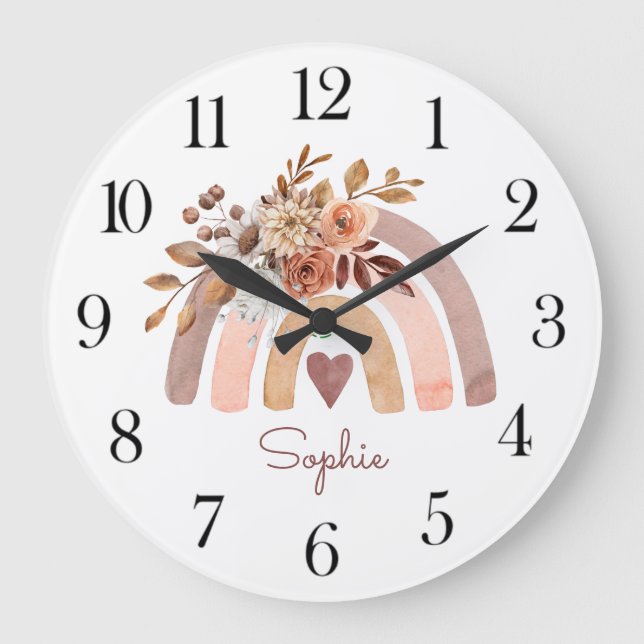 Personalised Boho Watercolor Rainbow Nursery Large Clock (Front)