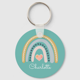 Personalised Boho Watercolor Rainbow Turquoise Key Ring