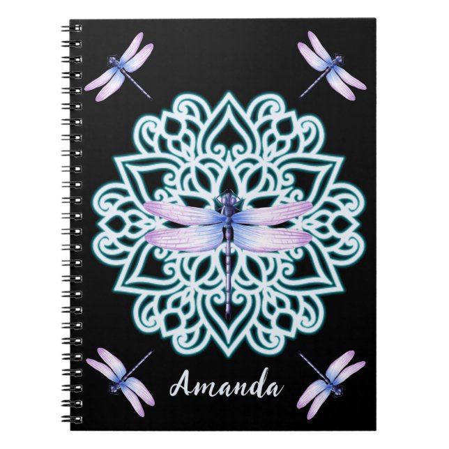 Personalised Bold Black WhimsicalDragonfly Mandala Notebook (Front)