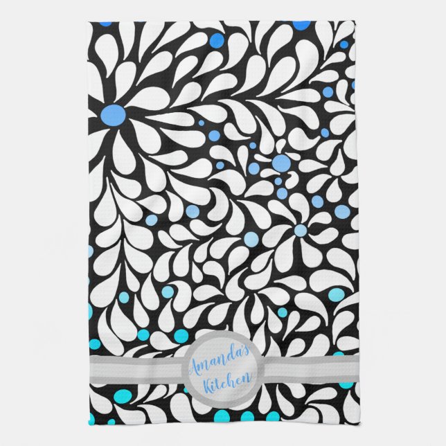 Personalised Bold modern flowers blue teal ombre  Tea Towel (Vertical)