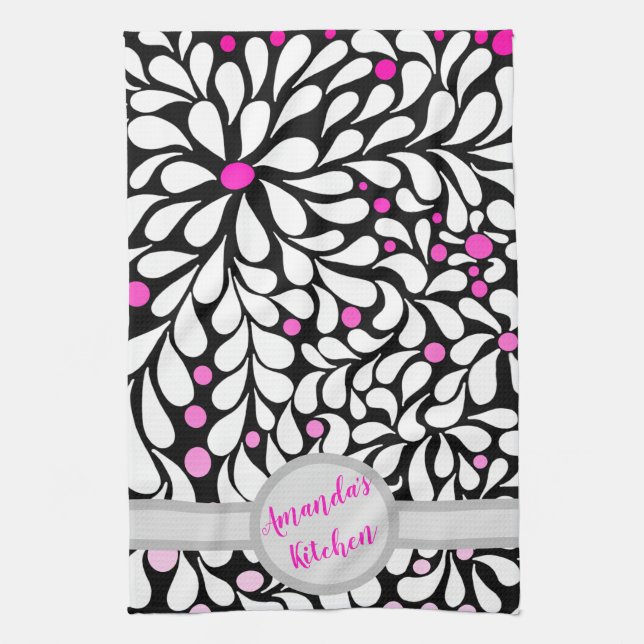 Personalised Bold modern flowers with pink ombre Tea Towel (Vertical)